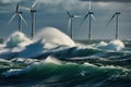 Offshore wind farms next to the deserted wild rocks in the middle of a stormy northern sea. Beautiful gloomy seascape