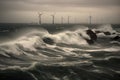 Offshore wind farms next to the deserted wild rocks in the middle of a stormy northern sea. Beautiful gloomy seascape