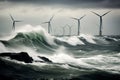 Offshore wind farms next to the deserted wild rocks in the middle of a stormy northern sea. Beautiful gloomy seascape