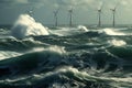 Offshore wind farms next to the deserted wild rocks in the middle of a stormy northern sea. Beautiful gloomy seascape