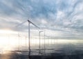 Offshore wind power plants with sunset stormy sky in background