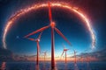 Wind turbines in the sea at night. 3D rendering with DOF, generative ai Royalty Free Stock Photo