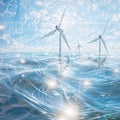 Offshore wind turbines in the ocean with a bright blue future, renewable energy art, generative ai Royalty Free Stock Photo