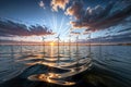 An image of windturbines in the sea at sunset., generative ai