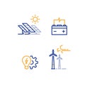 Offshore wind turbines and solar panels line icon, green energy concept logo Royalty Free Stock Photo