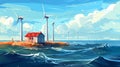 Offshore windfarm on island with wind turbines in the ocean illustration AI Generated