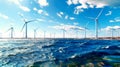 Offshore windmill farm with clouds and a blue sky, windmill park in the ocean aerial view with wind turbine. Concept of the green