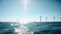 Offshore Windmill farm in the ocean, windmills isolated at sea on a sunny day. Generative AI