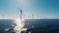 Offshore Windmill farm in the ocean, windmills isolated at sea on a sunny day. Generative AI