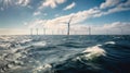 Offshore Windmill farm in the ocean, windmills isolated at sea on a sunny day. Generative AI