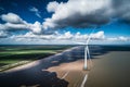 offshore windmill park with clouds and a blue sky, windmill park in the ocean. Generative AI