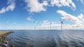 Offshore Windmill Park with Clouds and A Blue Sky. Generative AI