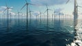 Offshore windmills against beautiful sky, flight oversea