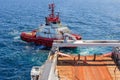 Offshore work with deck crew on deck and one small tugboat behind the big AHTS offshore vessel