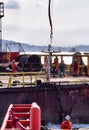 Offshore worker transfer from oil platform to accommodation barge