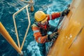 An offshore worker wearing safety gear is seen inspecting and maintaining a platform structure in the open ocean. Generative AI