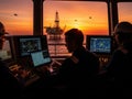 Offshore workers monitoring oil rig at sunset Royalty Free Stock Photo