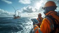 Offshore workers in safety gear using tablet to monitor wind turbines at sea