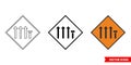 Offside lane of four closed roadworks sign icon of 3 types color, black and white, outline. Isolated vector sign symbol