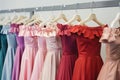 offtheshoulder dresses lined up on a sleek rack Royalty Free Stock Photo