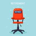 Ofiice chair with sign retired. Business hiring, recruitment, retirement concept. Vacant seat for employee, worker. Vector flat Royalty Free Stock Photo