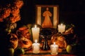 Ofrenda dÃÂ­a de muertos, Mexican Day of the dead altar, Candles in a offering Mexico Royalty Free Stock Photo