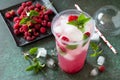 OFT DRINKS. Refreshing summer drink raspberry with basil, ice. Royalty Free Stock Photo