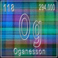 Oganesson chemical element, Sign with atomic number and atomic weight