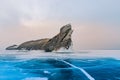 Ogoy island over Baikal froze water lake Siberia, Russia winter season Royalty Free Stock Photo