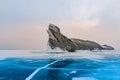 Ogoy rock over frozen water lake Baikal Russia winter season n Royalty Free Stock Photo