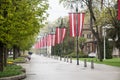 Ogre city is decorated with national flags. Ogre. Latvia. May 2, 2020.