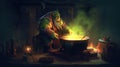 Ogre cooking a stew in a cauldron. Fantasy concept , Illustration painting