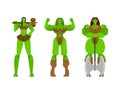 Ogre Female warrior set. Green goblin woman Strong. berserk lady Troll with weapon