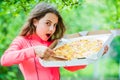 Oh my god. pizza delivery. unhealthy and healthy food. happy childhood. child feel hunger. hungry kid going to eat Royalty Free Stock Photo