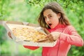 oh my god. pizza delivery. unhealthy and healthy food. happy childhood. child feel hunger. hungry kid going to eat Royalty Free Stock Photo