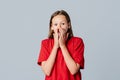 Oh my gosh. Portrait of amazed brunette teen girl staring overwhelmed at something stunning, watching incredible performance, Royalty Free Stock Photo