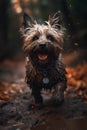 Happy smiling dog, very wet and muddy, running towards the camera, autumn, fall