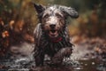 Happy smiling dog, very wet and muddy, running towards the camera, autumn, fall Royalty Free Stock Photo