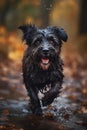 Happy smiling dog, very wet and muddy, running towards the camera, autumn, fall