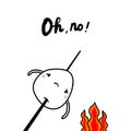 Oh no hand drawn illustration with cute marshmallow afraid of fire