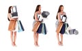 Oh no. a young woman carrying shopping bags and boxes that are falling. Royalty Free Stock Photo