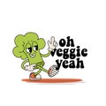 Oh veggie yeah - motivation quote card, banner, poster with retro cartoon chracters of vegetables. Motivational healthy