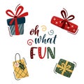 Oh what fun hand lettering sign with christmas gifts. Cute colorful text isolated on white. Xmas and New Year vector celebration