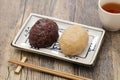 Ohagi; pounded rice covered with sweetened adzuki bean paste, japanese traditional dessert