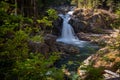 The Ohanapecosh River cascades Silver Falls at Mount Rainier National Park, a wide view framed by foliage Royalty Free Stock Photo