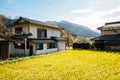 Rice field and house at Ohara countryside village in Kyoto, Japan Royalty Free Stock Photo