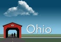 Ohio is featured in this rural themed poster. A red covered bridge, blue sky, a stream and flat grassland are the background for a