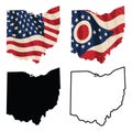 Ohio with USA flag, Ohio flag, black silhouette and black outline isolated vector illustration