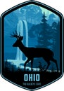 Ohio vector label with white-tailed deer near Ash Cave in Hocking Hills State Park