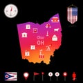 Ohio Vector Map, Night View. Compass Icon, Map Navigation Elements. Pennant Flag of the USA. Industries Icons Royalty Free Stock Photo